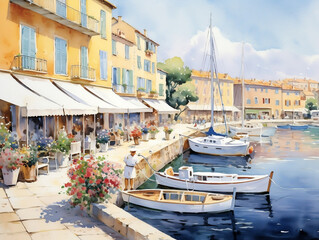 Idyllic Afternoon in Saint Tropez: A Watercolor Journey Through Sun-Kissed Street and Vibrant Harbor - obrazy, fototapety, plakaty
