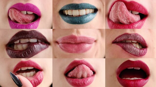 Close-ups of beautifully painted lips adorned with lipstick or gloss. Experience the sensuality as the lips kiss, nibble, and gently lick, evoking a captivating and alluring atmosphere.