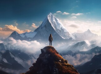 A man standing on rock on a mountain overlooking the clouds. Illustration AI Generative.