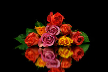 Beautiful Bouquet of roses and flowers, used for love and passion and wedding bells. Shot on a reflective surface in a studio with a dark black background.Beautiful Vintage, stacked on top
