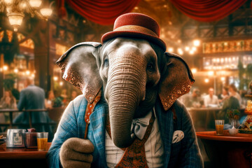 friendly and charismatic elephant character involved in an everyday activity, animal influencer, animals banner, Generative AI