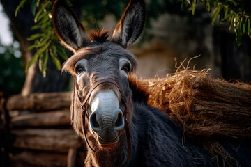 friendly and charismatic donkey character involved in an everyday activity, animal influencer, animals banner, Generative AI