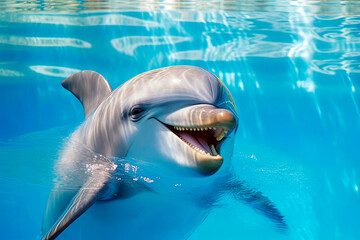 friendly and charismatic dolphin character involved in an everyday activity, animal influencer, animals banner, Generative AI