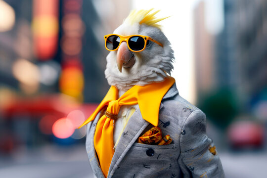 friendly and charismatic cockatoo parrot character involved in an everyday activity, animal influencer, animals banner, Generative AI