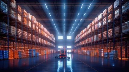 Fototapeta premium Huge distribution warehouse with high shelves and loaders. Generative AI