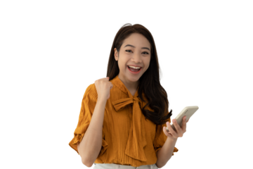 Asian beautiful woman exited surprise face expression . female feels shocked with the phone. exciting smile and happy adorable rejoices. Very enjoy and fun relax time. wow, girl holding smartphone.