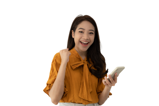 Asian beautiful woman exited surprise face expression . female feels shocked with the phone. exciting smile and happy adorable rejoices. Very enjoy and fun relax time. wow, girl holding smartphone.