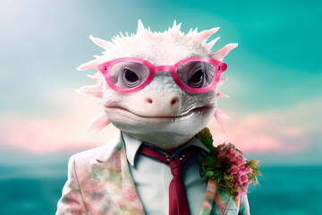 friendly and charismatic axolotl character involved in an everyday activity, animal influencer, animals banner, Generative AI