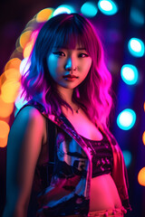 Naklejka na ściany i meble Portrait of beautiful Asian woman in a fashionable cloth around colourful bright neon uv lights. Generative AI.