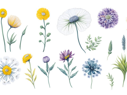set of watercolor Taraxacum flower elements on transparent background,generative ai