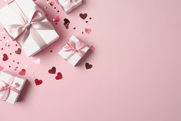 Fototapeta na wymiar Top view photo of white gift boxes with pink bows curly ribbon silver sequins and heart-shaped