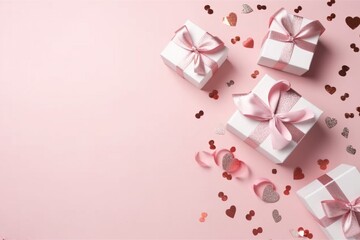 Top view photo of white gift boxes with pink bows curly ribbon silver sequins and heart-shaped