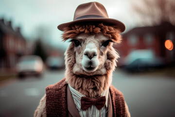 Fototapeta na wymiar friendly and charismatic alpaca character involved in an everyday activity, animal influencer, animals banner, Generative AI