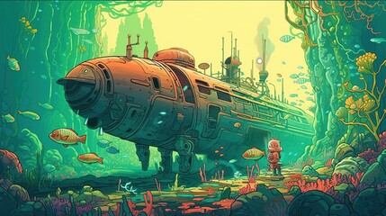 A sci-fi underwater scene with a submarine exploring a sunken city. Fantasy concept , Illustration painting. Generative AI