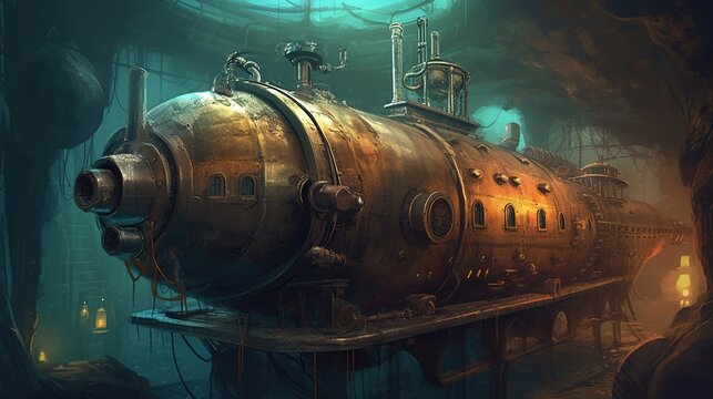 A steampunk submarine with a periscope. Fantasy concept , Illustration painting. Generative AI