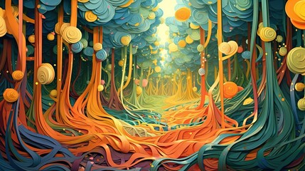 A surreal forest with trees made of ribbons. Fantasy concept , Illustration painting. Generative AI