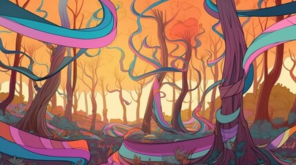 A surreal forest with trees made of ribbons. Fantasy concept , Illustration painting. Generative AI