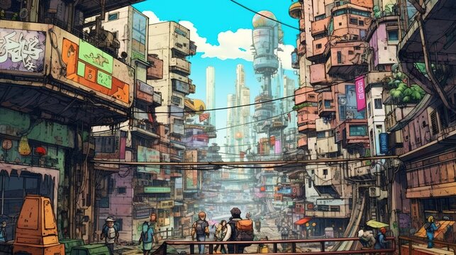 A sci-fi dystopian city with a rebellion and a corrupt government. Fantasy concept , Illustration painting. Generative AI