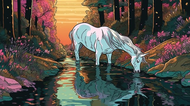 A unicorn drinking from a stream. Fantasy concept , Illustration painting. Generative AI