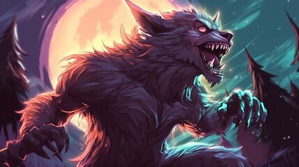 A werewolf under a full moon. Fantasy concept , Illustration painting. Generative AI