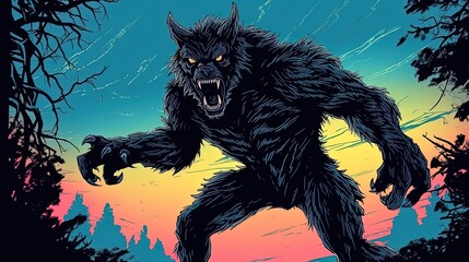 Fototapeta premium A werewolf under a full moon. Fantasy concept , Illustration painting. Generative AI