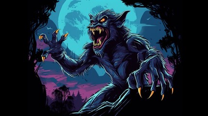 A werewolf under a full moon. Fantasy concept , Illustration painting. Generative AI