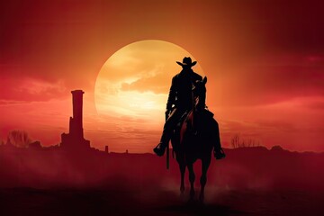 Naklejka na ściany i meble western, wild west, horsemen, cowboys at sunset, sun, red, orange, illustration, silhouettes, AI generated