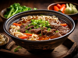 Beef noodle soup. Taiwanese famous food with sliced red braised beef and vegetables in a bowl on wooden table background. Taste of Taiwan. AI Generative. - obrazy, fototapety, plakaty