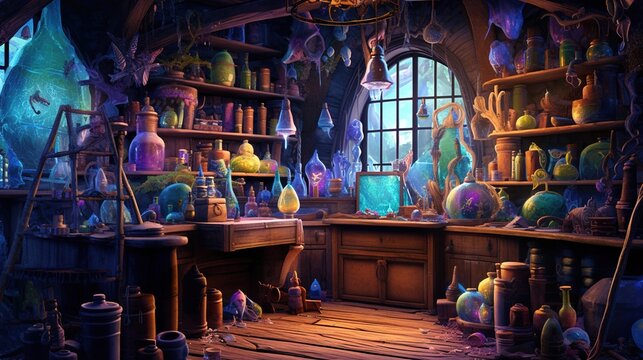 A wizard's laboratory with potions and spell books. Fantasy concept , Illustration painting. Generative AI