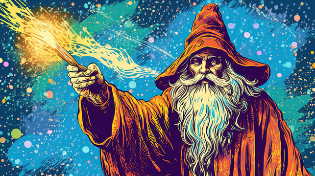 A wizard casting a spell with a staff. Fantasy concept , Illustration painting. Generative AI