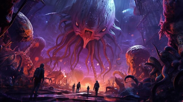 A sci-fi horror scene with a spaceship infested with alien creatures. Fantasy concept , Illustration painting. Generative AI