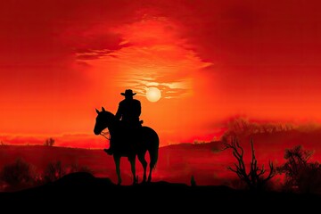 Fototapeta na wymiar western, wild west, horsemen, cowboys at sunset, sun, red, orange, illustration, silhouettes, AI generated