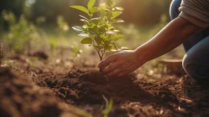 Fototapeta premium A man plants trees in a square in a community garden, promoting local food production and habitat restoration, the concept of sustainable development and community engagement. Generative AI