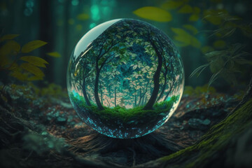 Obraz na płótnie Canvas Glass ball in the forest. Ecology concept. AI generative.