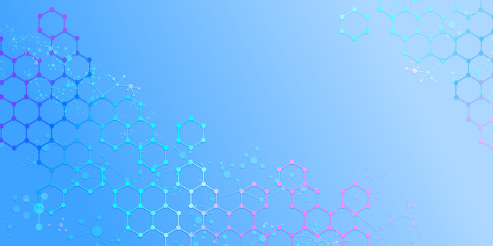 Abstract hexagonal background with molecular structure for a design on the theme of science and innovation in chemistry, molecular patters, and the organization of substances