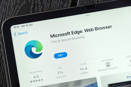 Ostersund, Sweden - June 10, 2023: Microsoft Edge Web Browser app on an ipad. Microsoft Edge is a web browser created by Microsoft.