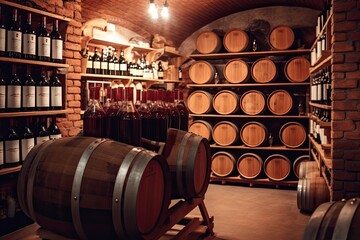 Explore the Best Selection of Wines at Our Wine Store - Red Wine Bottle Displayed on a Barrel. Generative AI