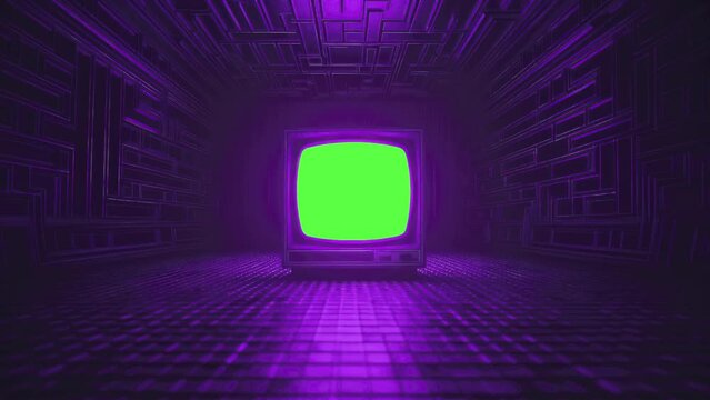 Old 90s television with a glitches, noise, interference, green screen in a mystery cyberpunk room. 