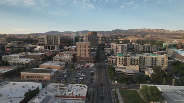 Flying over Capitol Boulevard in downtown Boise Idaho