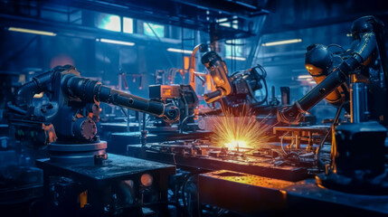 a robotic welding team working on steel welding in industrial factory factory parts. Generative ai