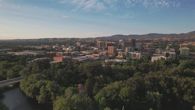 Aerial approach to downtown Boise Idaho near the Rose Garden
