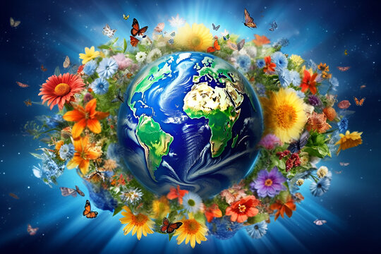 AI, ecologic poster showing the beauty of our planet, flowers, Earth, bright colores