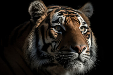 Fototapeta premium tiger, black background, hyperrealistic photography, perfect composition, ai generated.