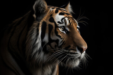 Fototapeta premium tiger, black background, hyperrealistic photography, perfect composition, ai generated.