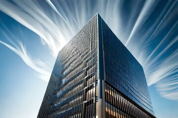 a striking image of a sleek and modern skyscraper piercing the clouds, symbolizing human ambition and progress