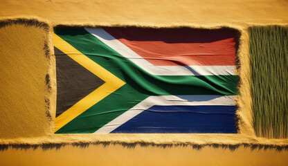 Top view of a South African flag in a field of wheat. Concept of agriculture or farming. Generative AI