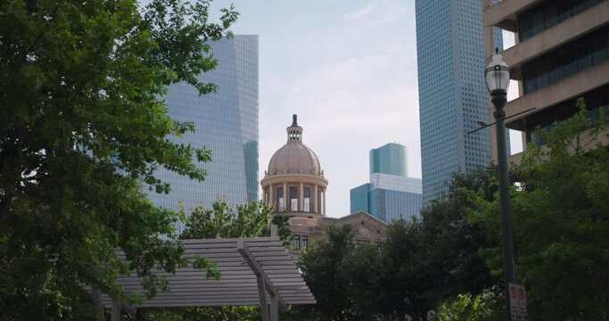 4K Establishing Shot of 1910 Harris County Courthouse and Downtown Houston Skyline