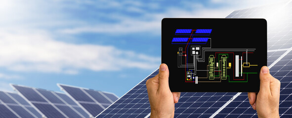 Installation scheme of solar energy station on screen of digital tablet on background of solar panels.