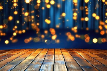 Photo of wooden empty floor with bokeh lights in the background. Christmas product promotion concept. Generative AI