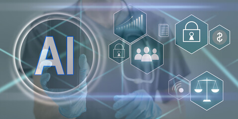 Doc AI icon on virtual screen. Futuristic medicine, world assistance and the future. Technological surgery on heart. Modern innovative information technology in health care.